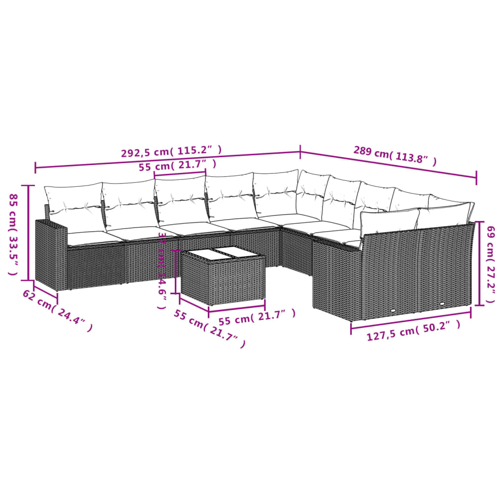 Set Divani da Giardino 11 pz con Cuscini in Polyrattan Nero - homemem39