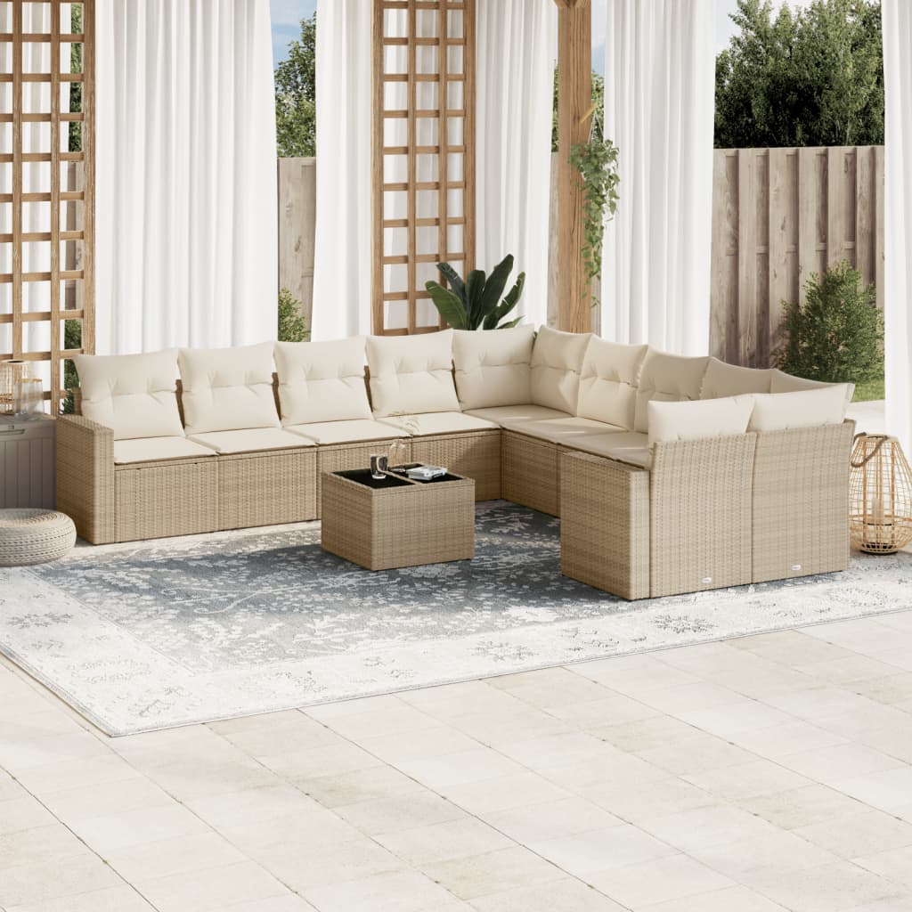 Set Divani da Giardino 11 pz con Cuscini Beige in Polyrattan - homemem39