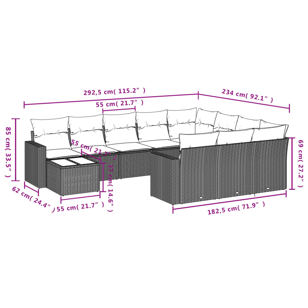 Set Divani da Giardino 11 pz con Cuscini in Polyrattan Grigio - homemem39