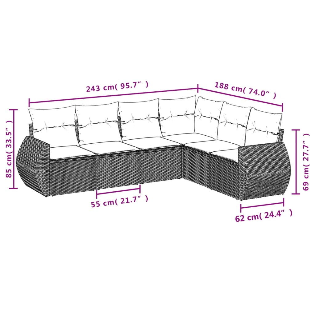 Set Divano da Giardino 6 pz con Cuscini Nero in Polyrattan - homemem39