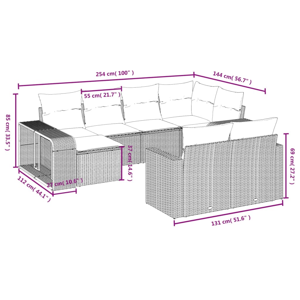 Set Divani da Giardino 10pz con Cuscini in Polyrattan Nero - homemem39