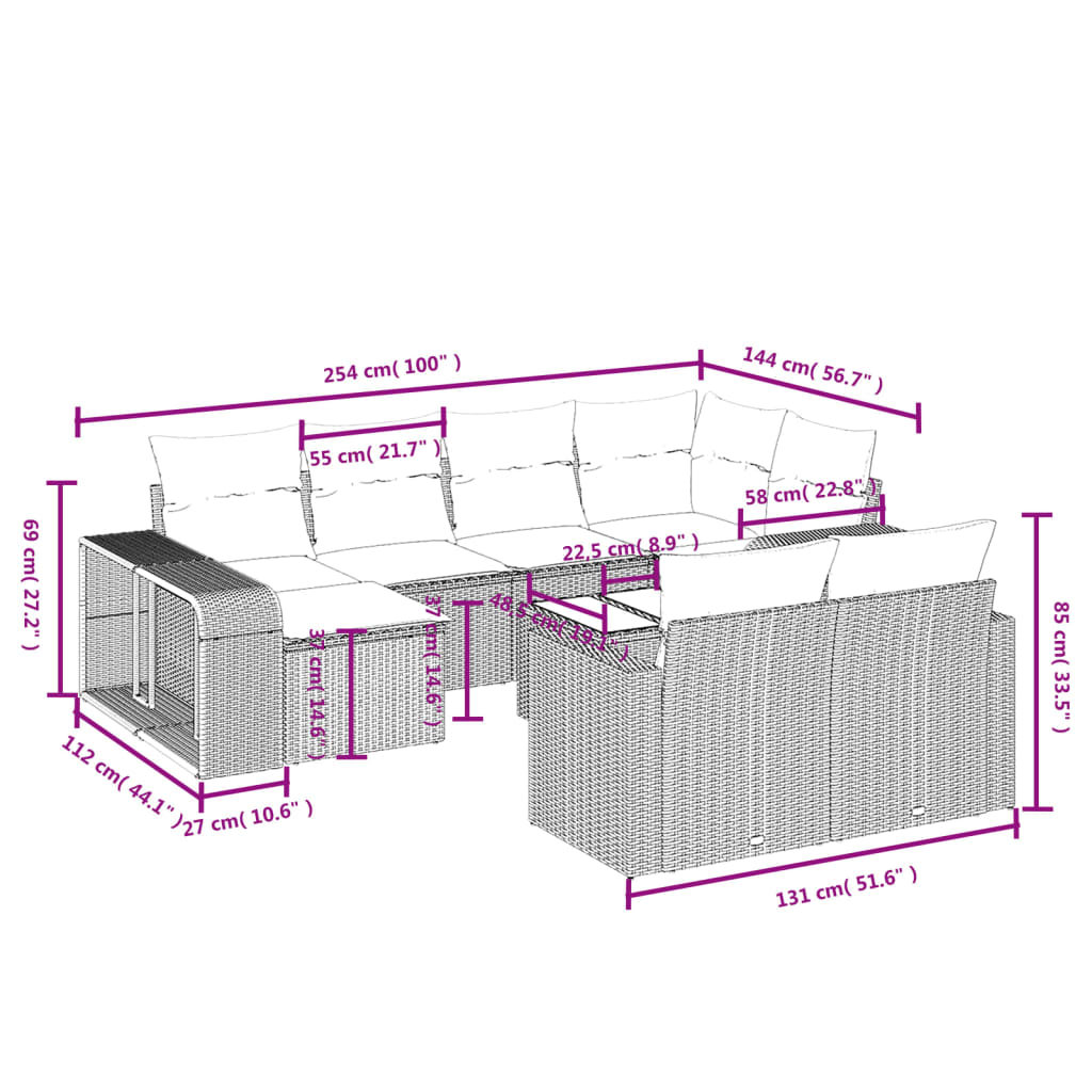 Set Divani da Giardino 11 pz con Cuscini in Polyrattan Grigio - homemem39