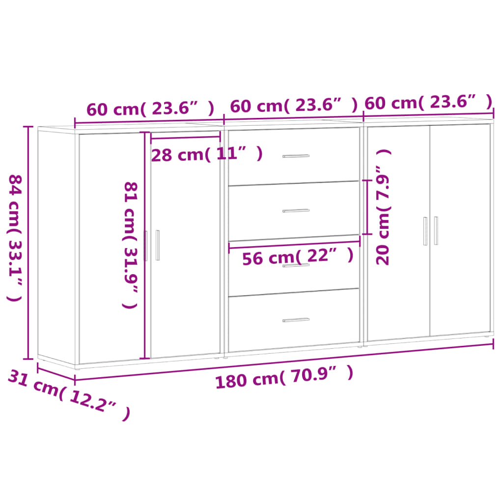 Credenze 3 pz Nere 60x31x84 cm in Legno Multistrato - homemem39