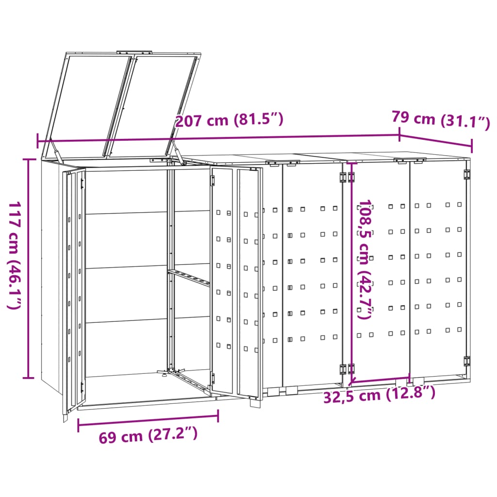 Copribidone con Ruote per 3 Bidoni Nera 207x79x117cm in Acciaio - homemem39