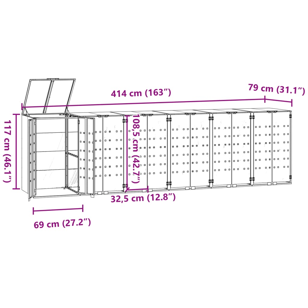 Copribidone con Ruote 6 Bidoni Antracite 414x79x117cm Acciaio - homemem39