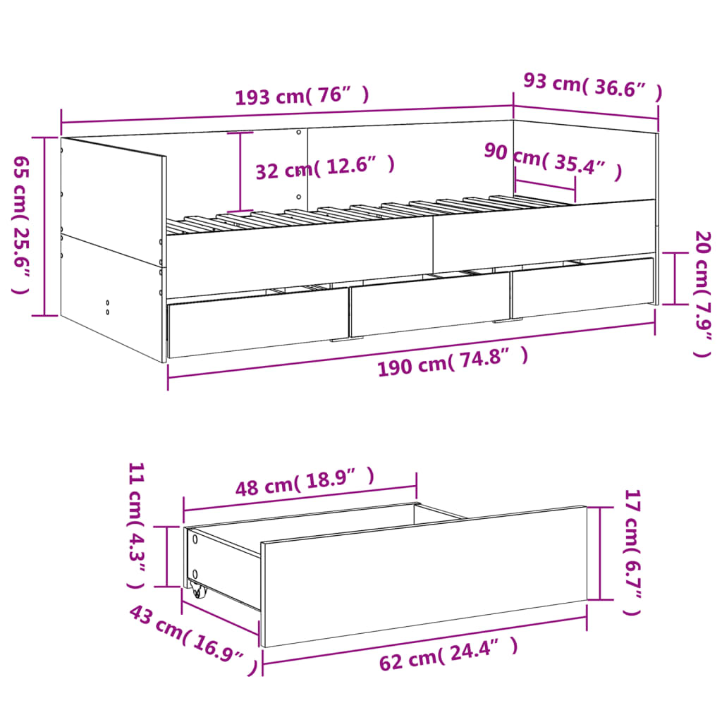 Divano Letto con Cassetti senza Materasso 90x190 cm - homemem39