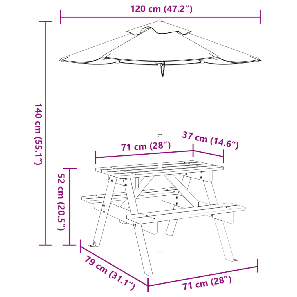 Tavolo da Picnic per 4 Bambini con Ombrellone Legno di Abete