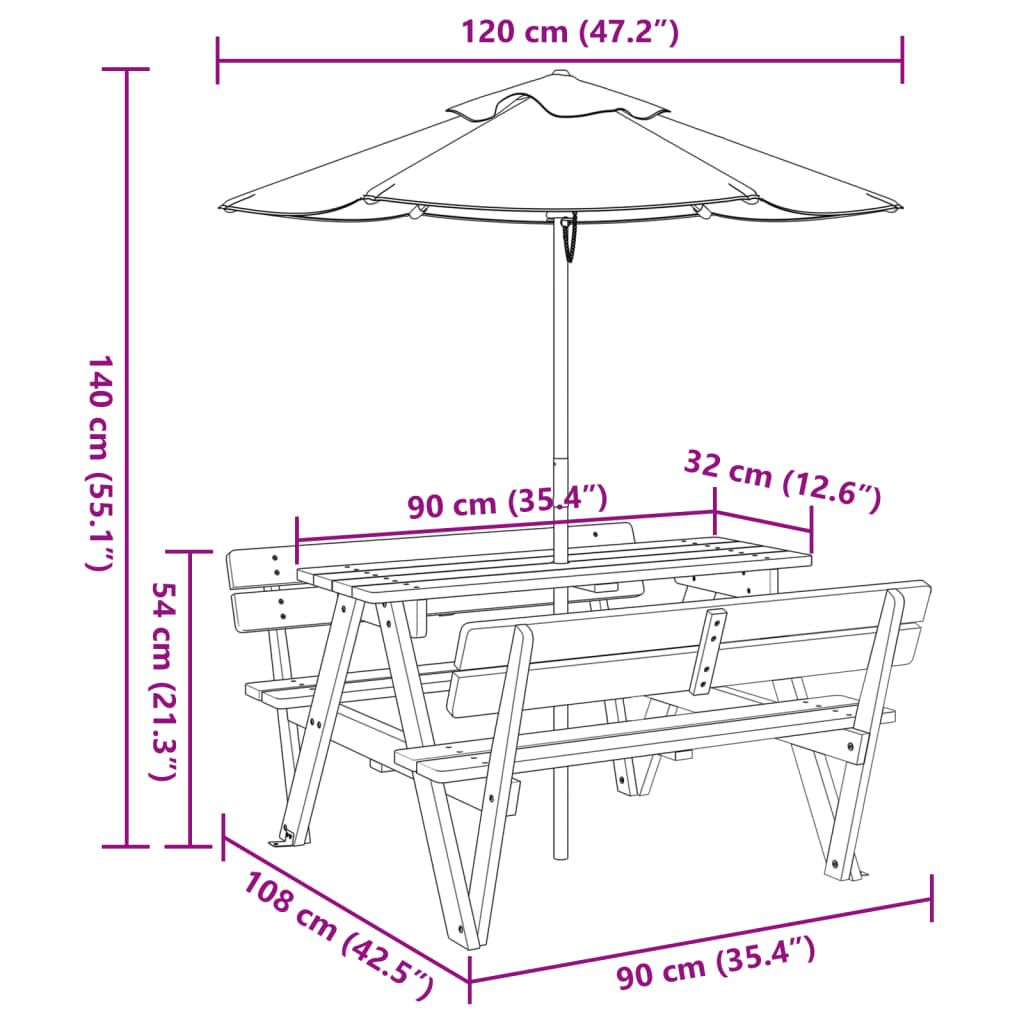 Tavolo da Picnic per 4 Bambini con Ombrellone Legno di Abete - homemem39