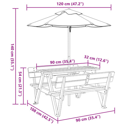 Tavolo da Picnic per 4 Bambini con Ombrellone Legno di Abete - homemem39