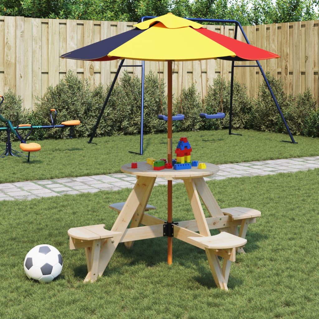 Tavolo Picnic per 4 Bambini con Ombrellone Rotondo Legno Abete - homemem39