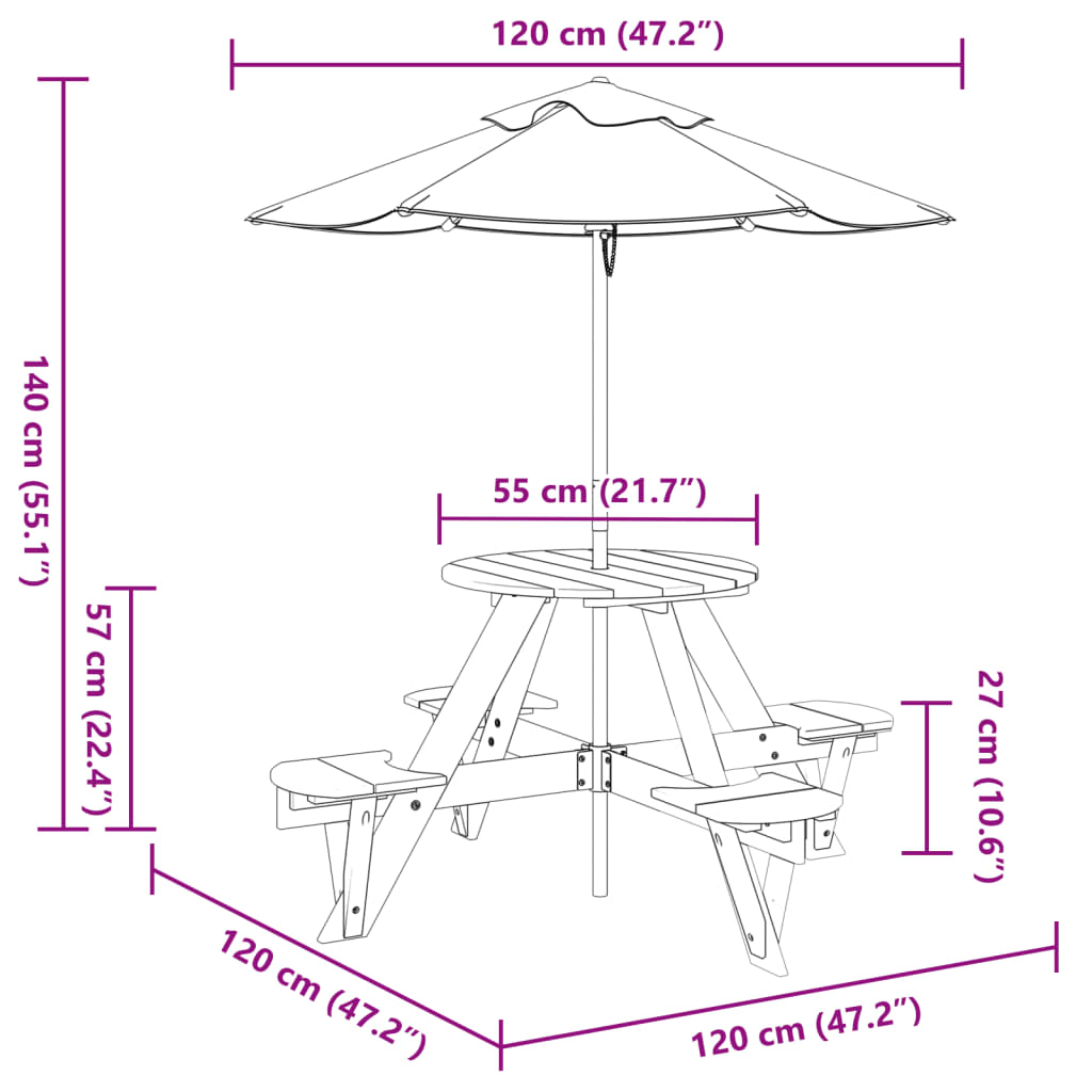 Tavolo Picnic per 4 Bambini con Ombrellone Rotondo Legno Abete