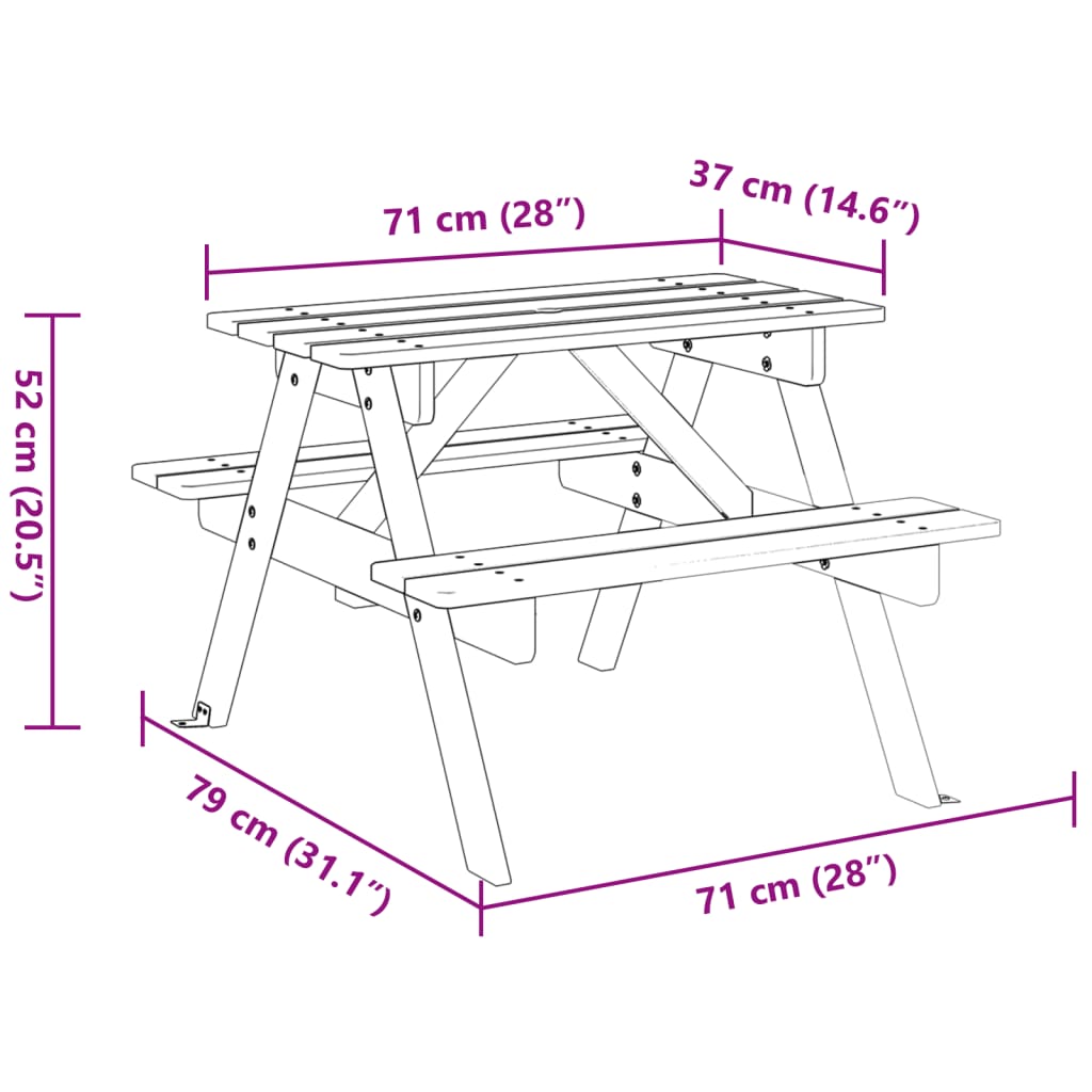 Tavolo da Picnic per 4 Bambini con Foro Ombrellone Legno Abete - homemem39