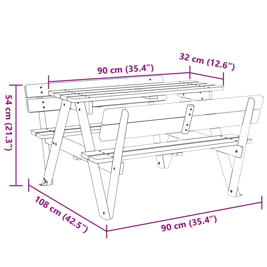 Tavolo da Picnic per 4 Bambini con Foro Ombrellone Legno Abete - homemem39