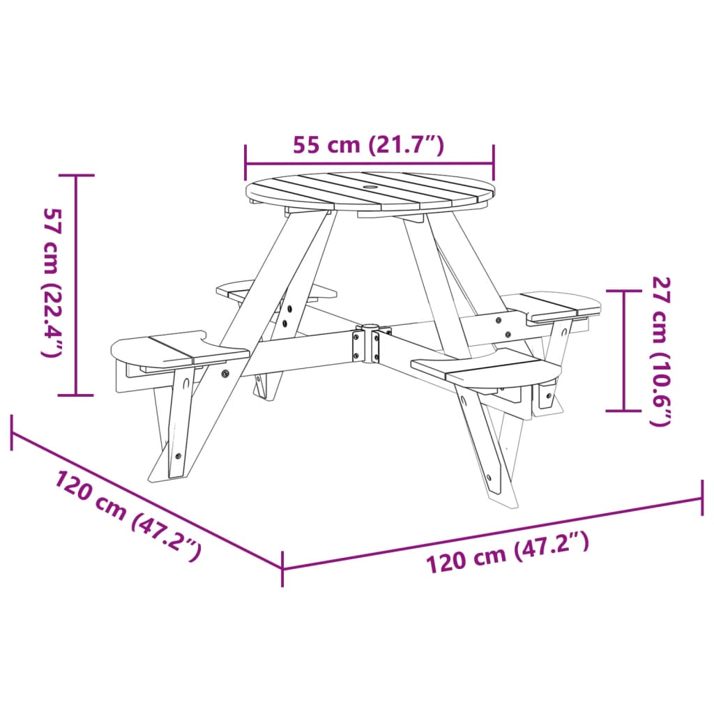 Tavolo da Picnic per 4 Bambini Rotondo con Foro in Legno Abete - homemem39