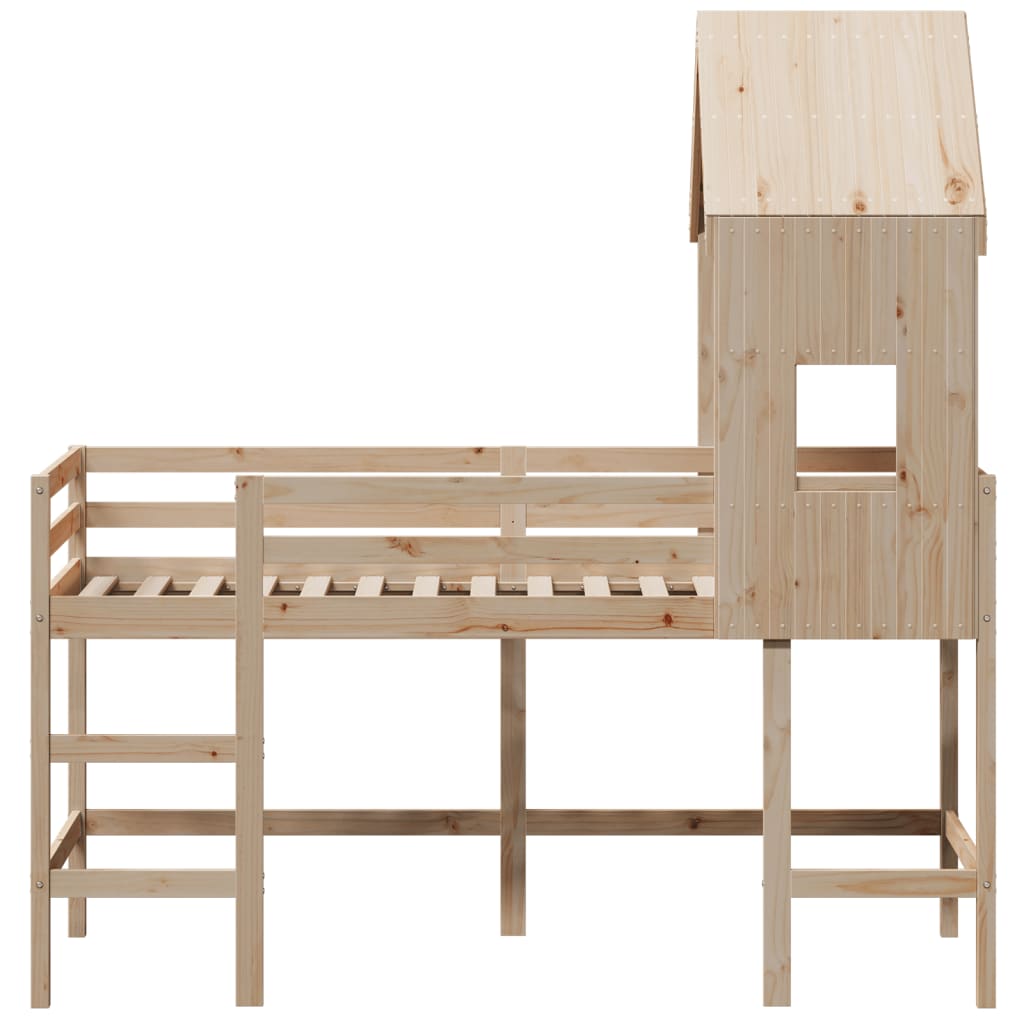 Letto Soppalco con Scala e Tetto 90x200 cm Legno Massello Pino