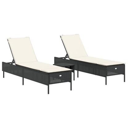 Set Lettini Prendisole con Cuscini 3pz Nero in Polyrattan