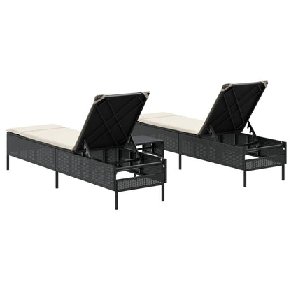 Set Lettini Prendisole con Cuscini 3pz Nero in Polyrattan