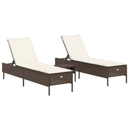 Set Lettini Prendisole con Cuscini 3pz Marrone in Polyrattan