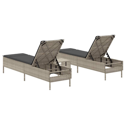 Set Lettini Prendisole con Cuscini 3pz Grigio Chiaro Polyrattan