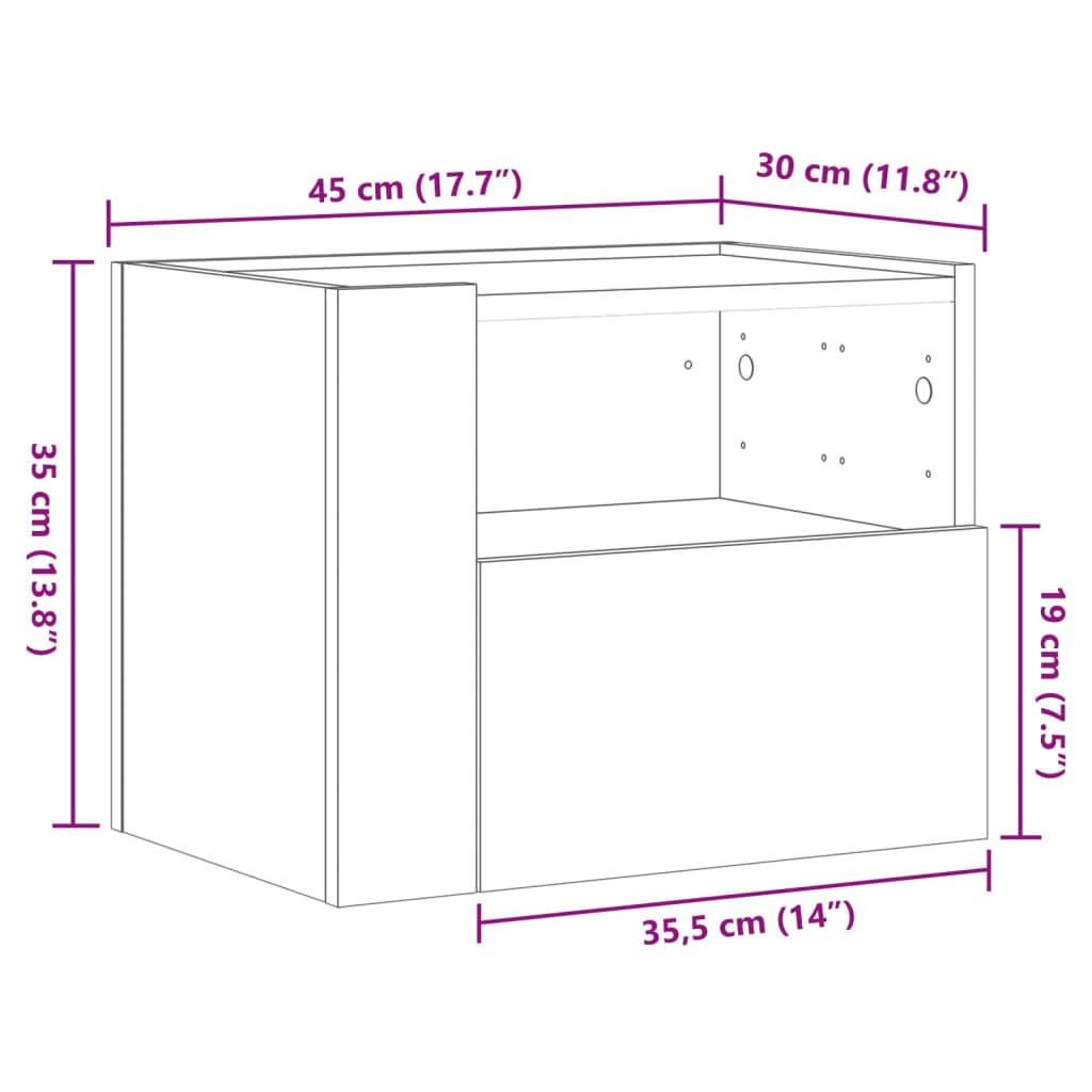 Comodino a Muro Grigio Cemento 45x30x35 cm