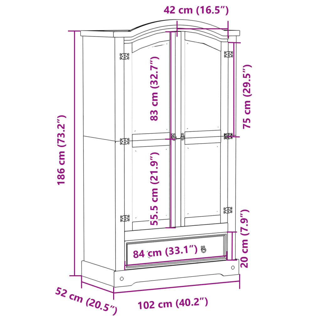 Armadio Corona 102x52x186 cm in Legno Massello di Pino - homemem39