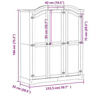 Armadio Corona 151,5x52x186 cm in Legno Massello di Pino