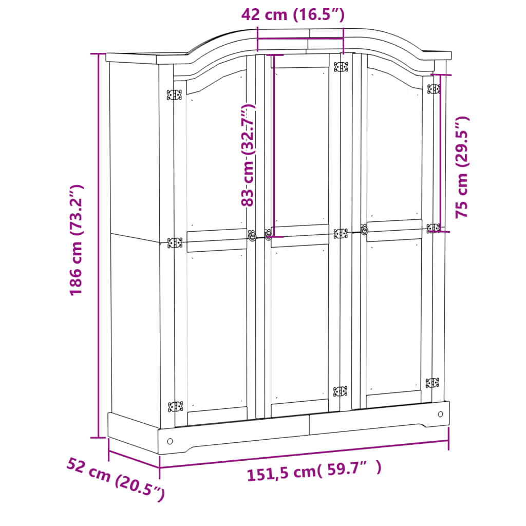 Armadio Corona Bianco 151,5x52x186 cm in Legno Massello di Pino - homemem39