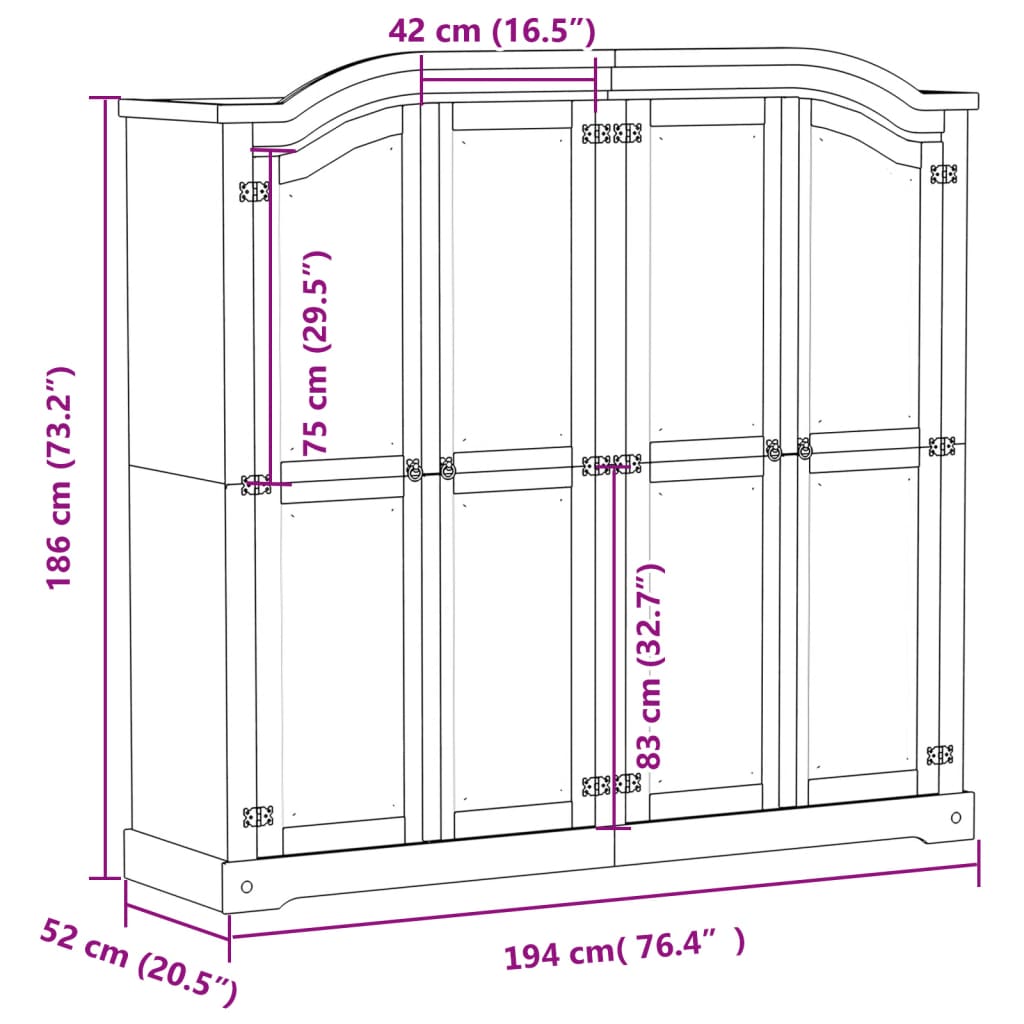 Armadio Corona 194x52x186 cm in Legno Massello di Pino - homemem39