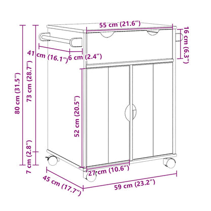 Carrello da Cucina OTTA 59x45x80 cm in Legno Massello di Pino