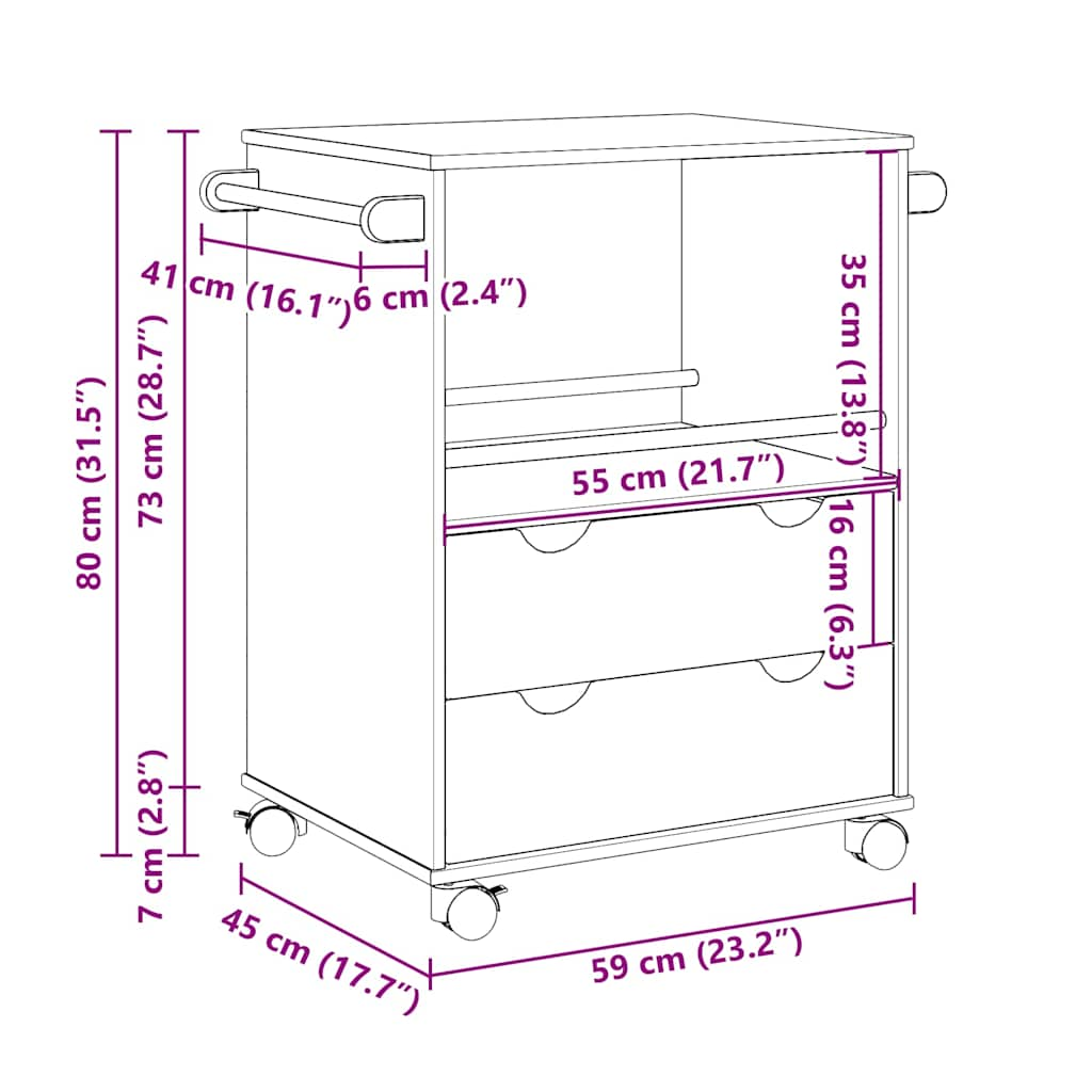 Carrello da Cucina OTTA 59x45x80 cm in Legno Massello di Pino