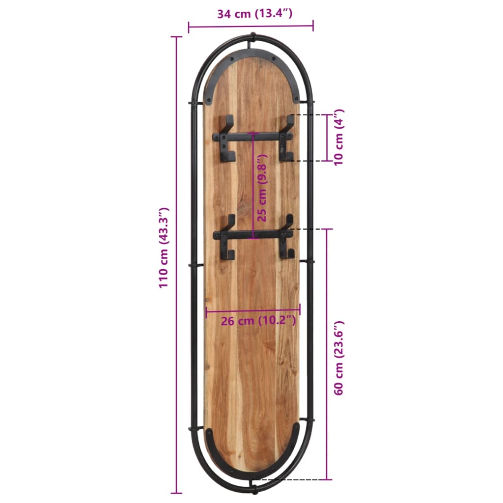 Appendiabiti da Parete con 4 Ganci 2pz Legno Massello Acacia