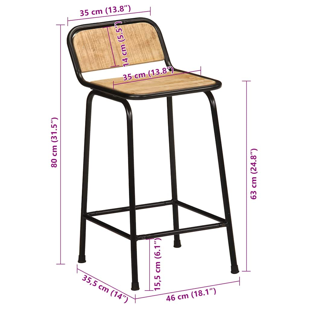 Sgabelli da Bar 2 pz 46x35,5x80 cm Legno Massello Grezzo Mango