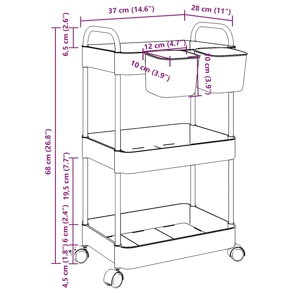 Carrello Portaoggetti a 3 Livelli 37x28x68 cm in Acrilico - homemem39