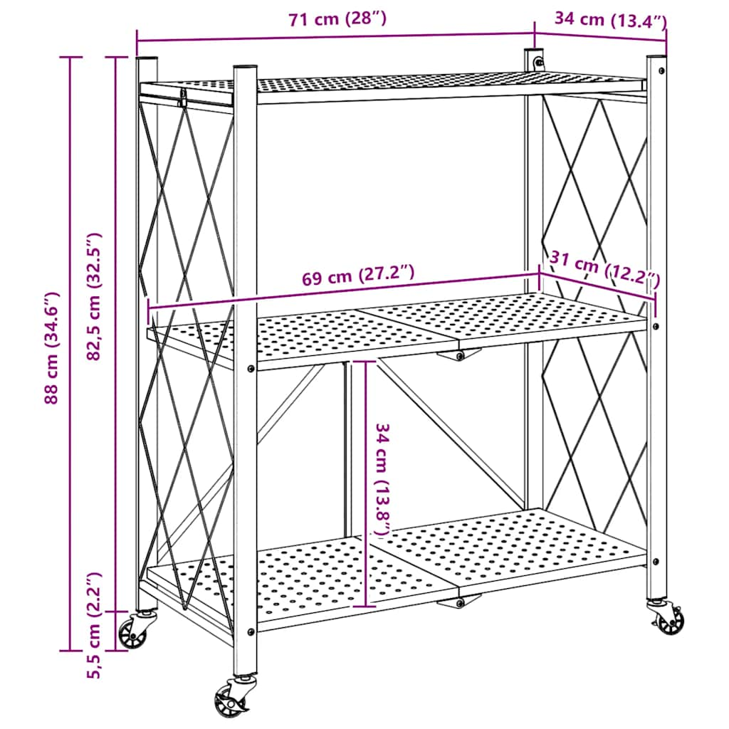 Scaffale Portaoggetti su Ruote Nero 71x34x88 cm in Acciaio - homemem39