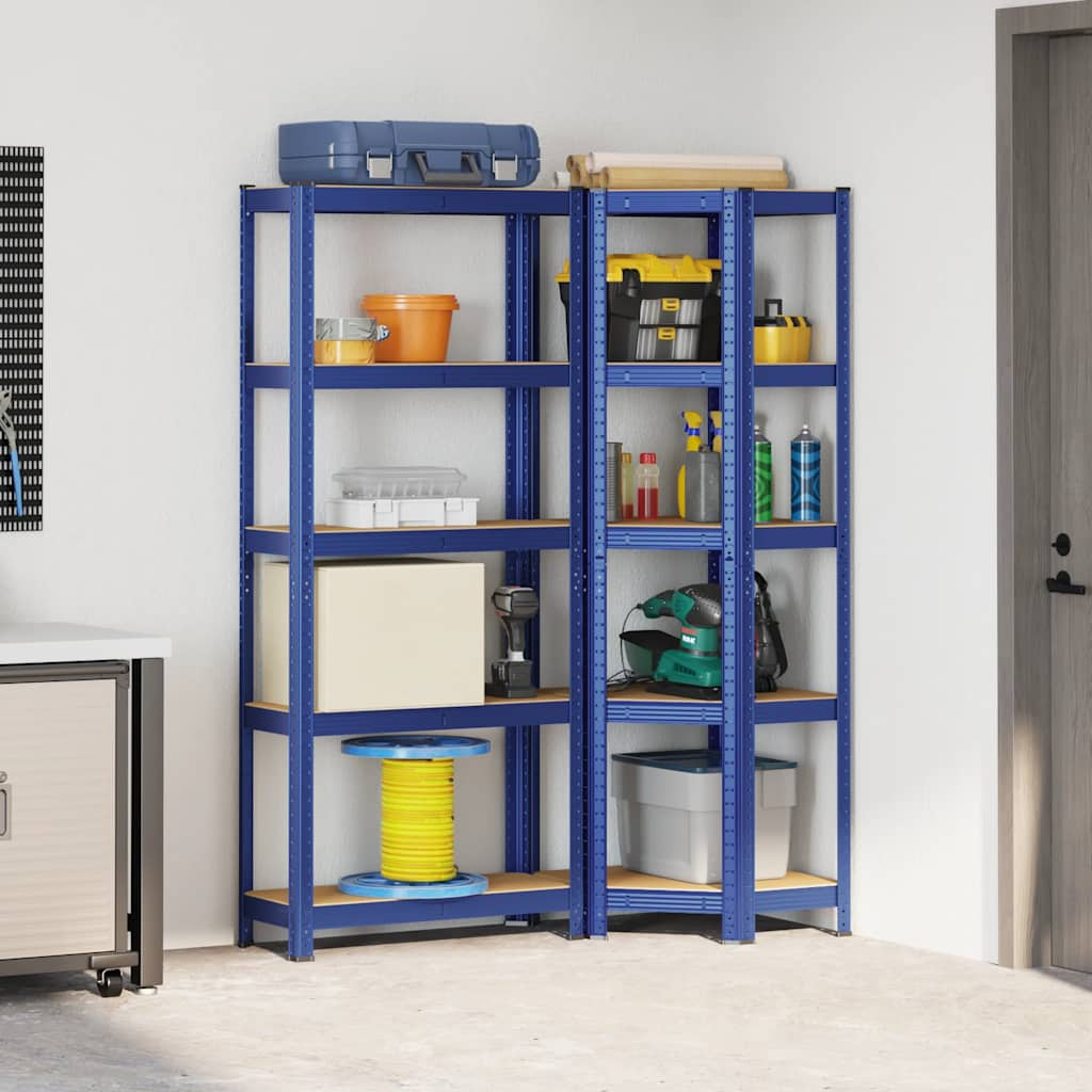 Set di Scaffali 2pz a 5 Ripiani Blu Acciaio e Legno Multistrato