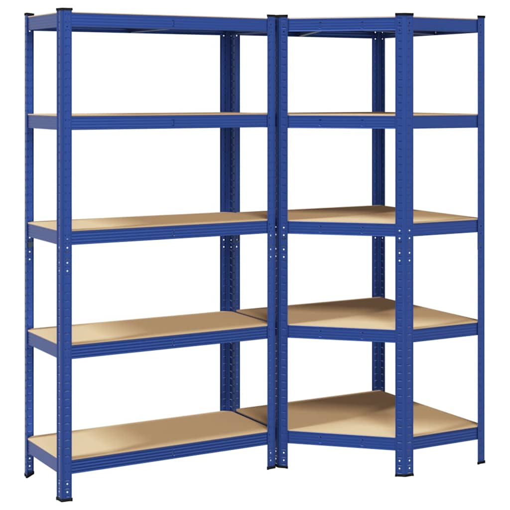 Set di Scaffali 2pz a 5 Ripiani Blu Acciaio e Legno Multistrato