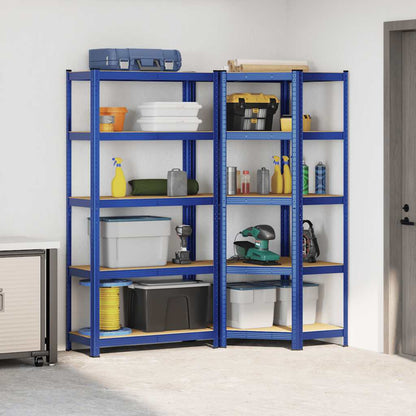 Set di Scaffali 2pz a 5 Ripiani Blu Acciaio e Legno Multistrato