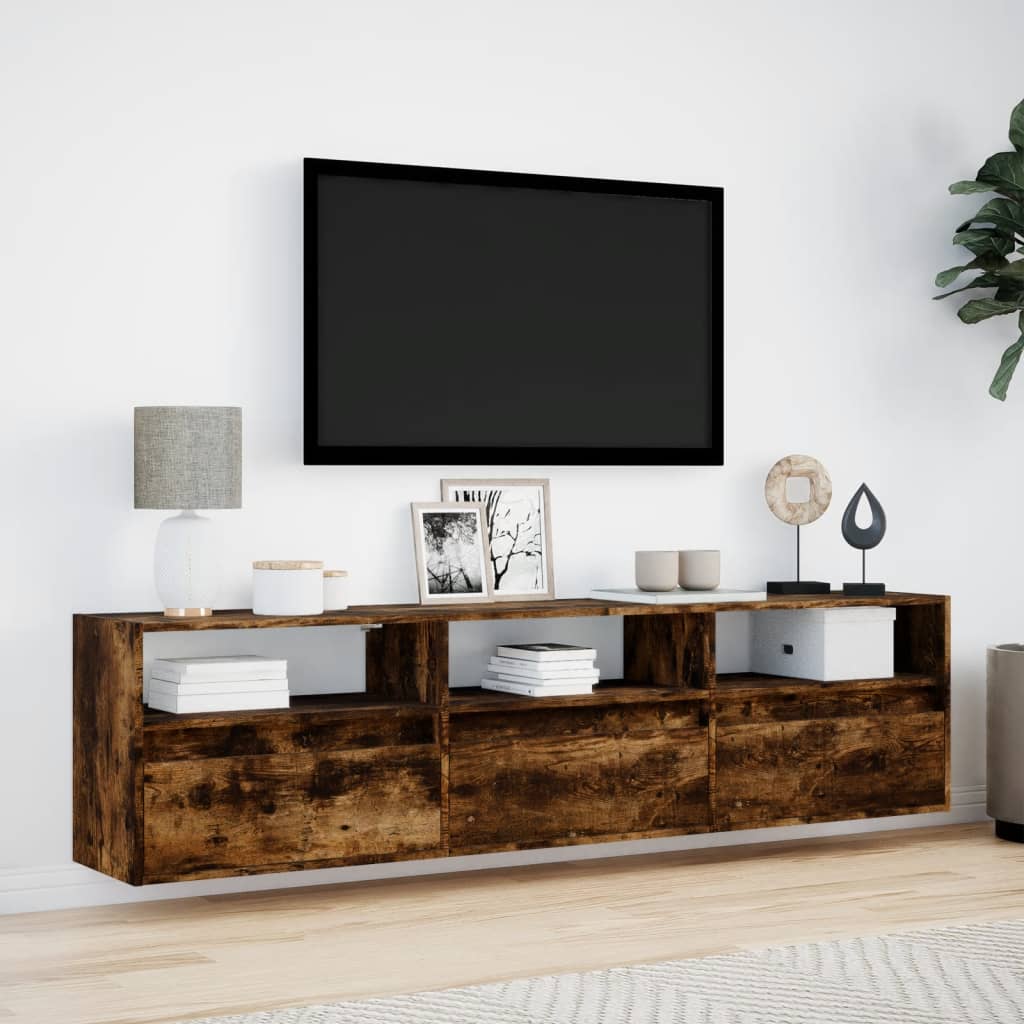 Mobile TV a Parete con LED Rovere Fumo 180x31x45 cm - homemem39