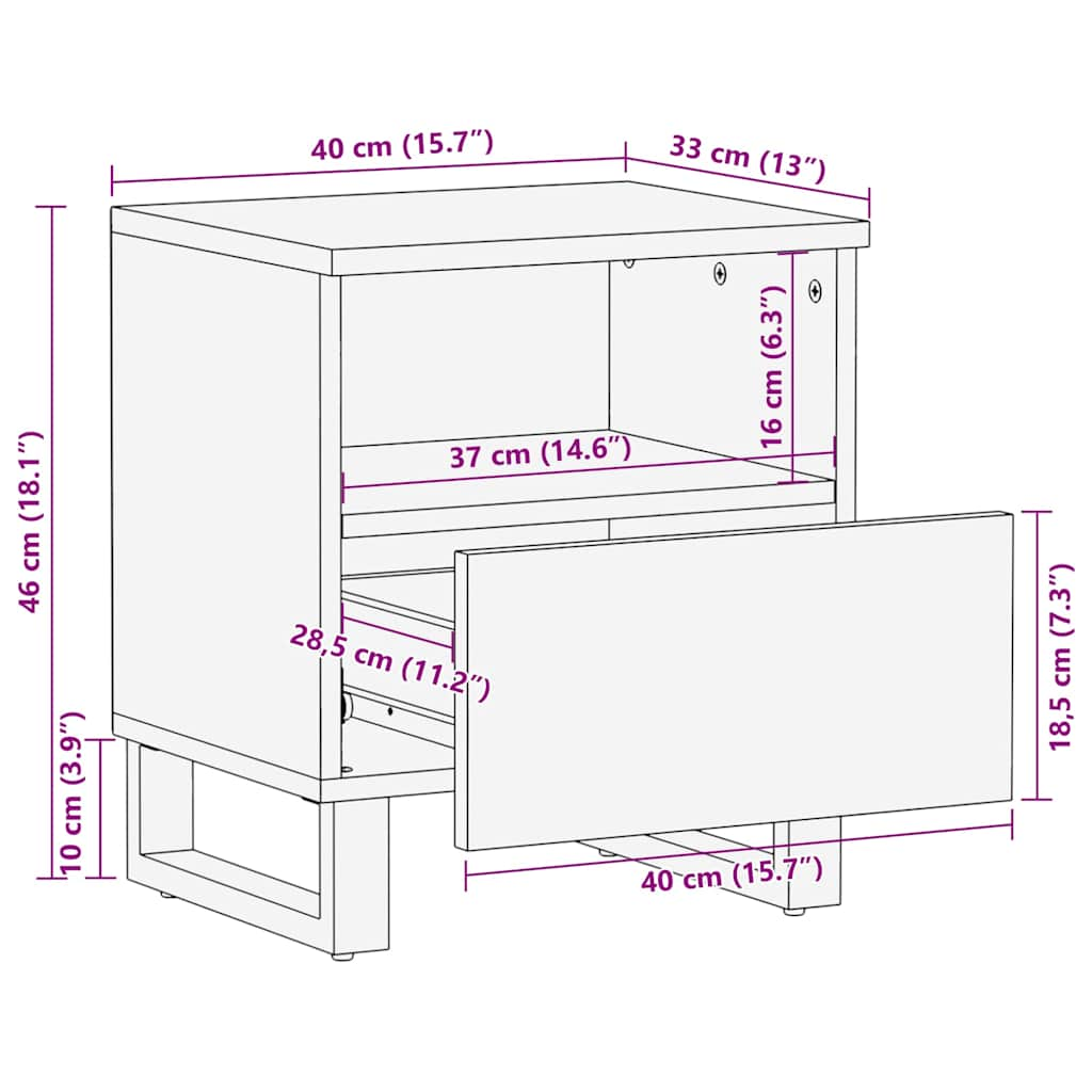 Comodino Nero 40x33x46 cm in Legno Massello di Mango