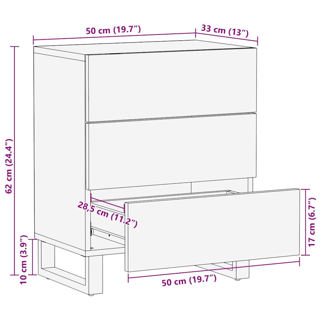 Comodino Nero 50x33x62 cm in Legno Massello di Mango