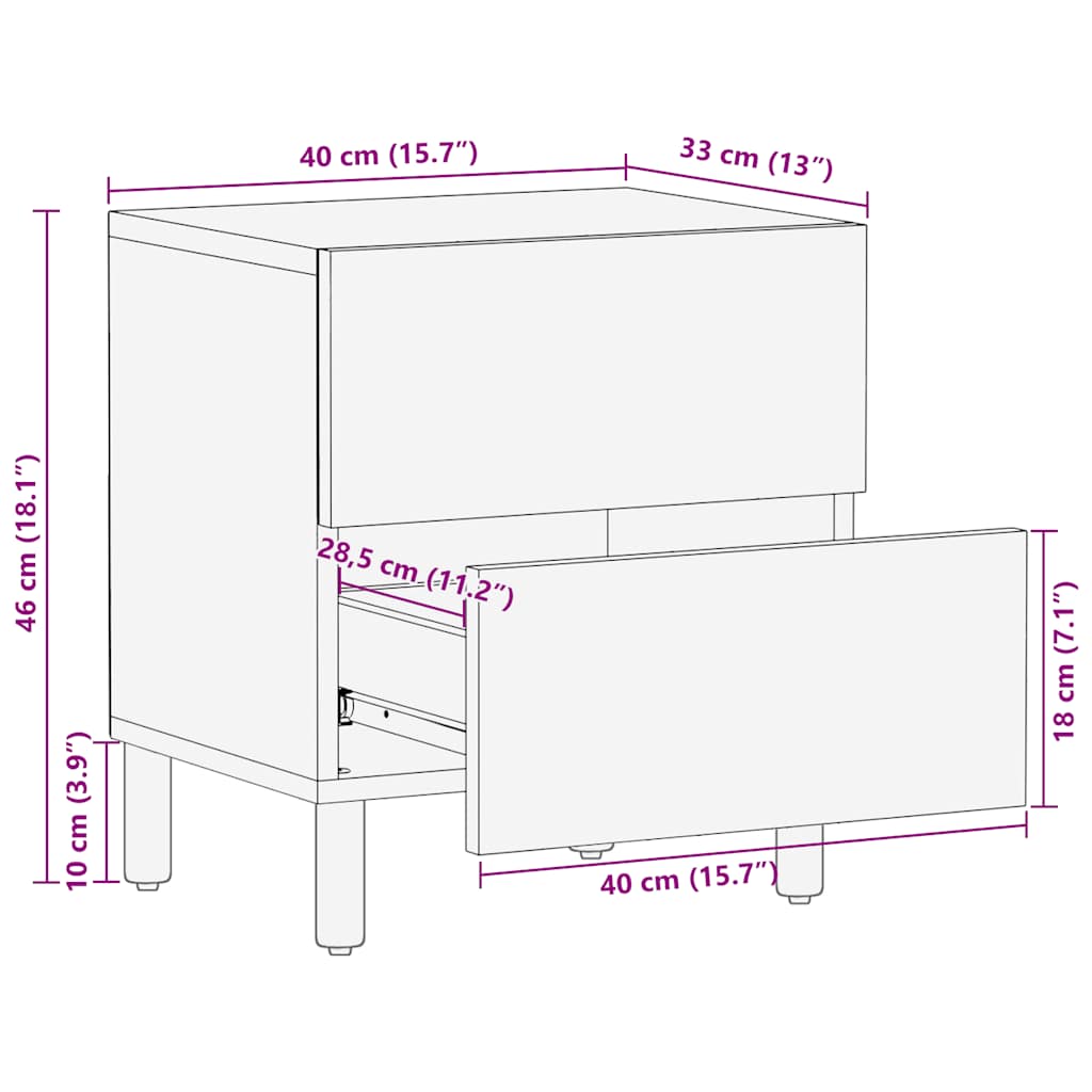 Comodino Marrone 40x33x46 cm in Legno Massello di Mango