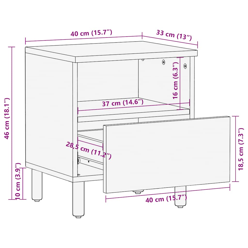 Comodino Marrone 40x33x46 cm in Legno Massello di Mango