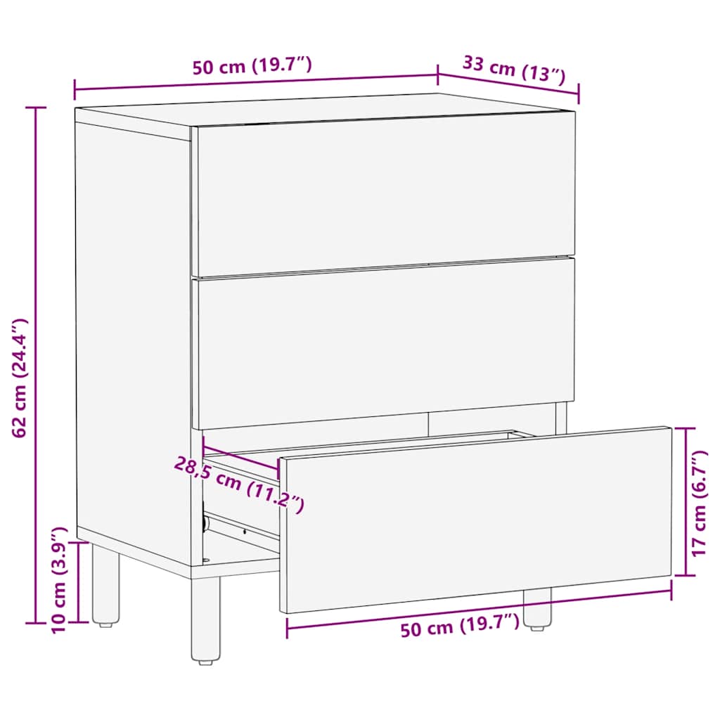 Comodino Marrone 50x33x60 cm in Legno Massello di Mango