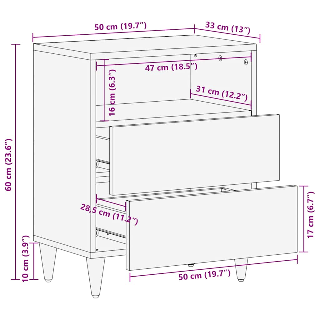 Comodino Grigio Chiaro 50x33x60 cm in Legno Massello di Mango