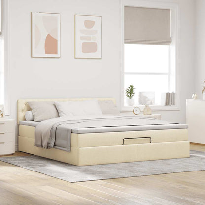 Struttura Letto Pouf con Materasso Crema 160x200 cm in Tessuto