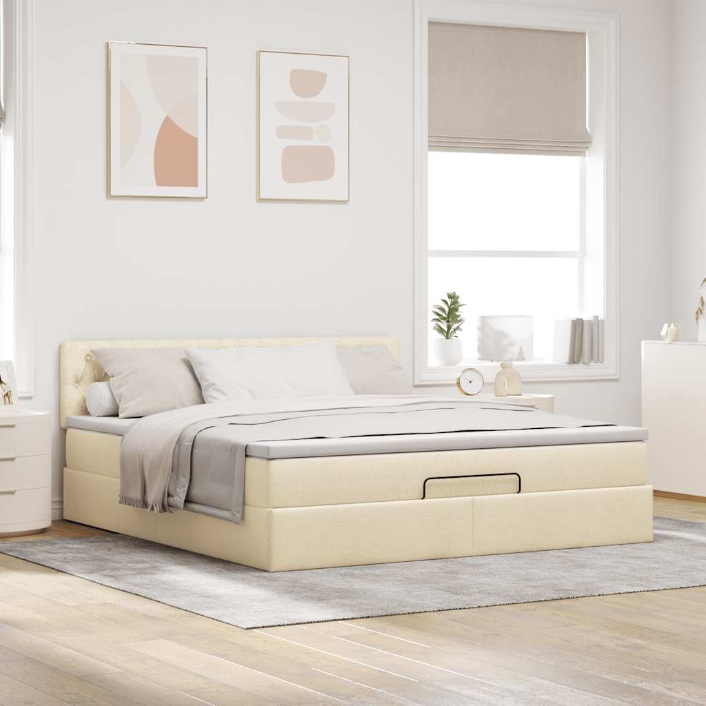 Struttura Letto Pouf con Materasso Crema 180x200 cm in Tessuto