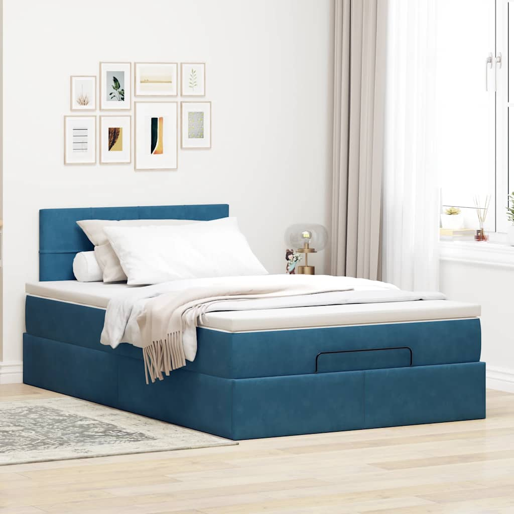 Struttura Letto Pouf con Materasso Blu Scuro 120x200 cm Velluto