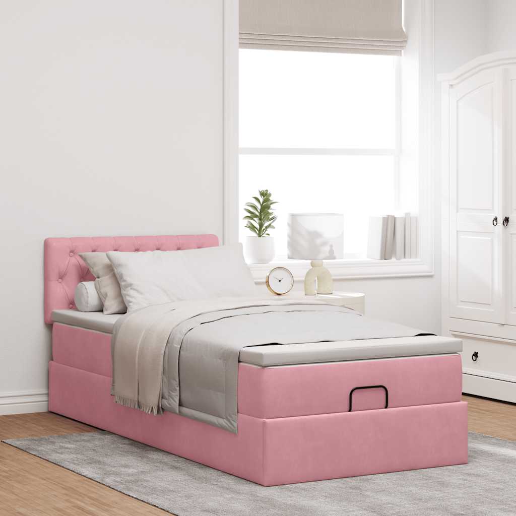 Struttura Letto Pouf con Materasso Rosa 90x200 cm in Velluto