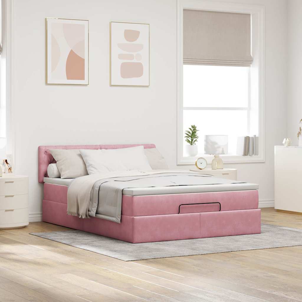 Struttura Letto Pouf con Materasso Rosa 140x190 cm in Velluto