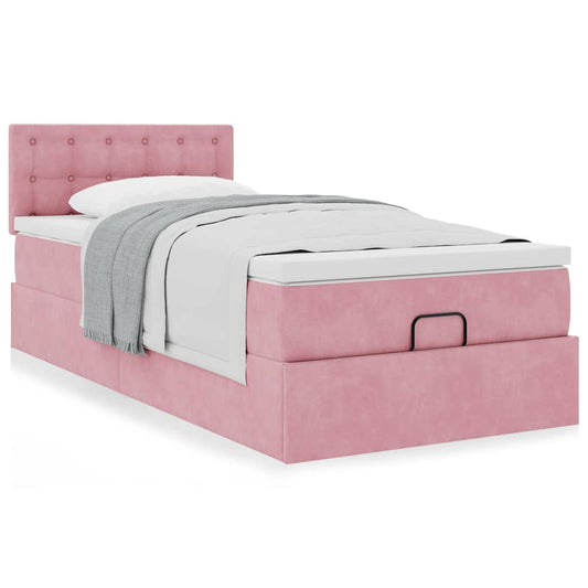 Struttura Letto Pouf con Materasso Rosa 90x190 cm in Velluto